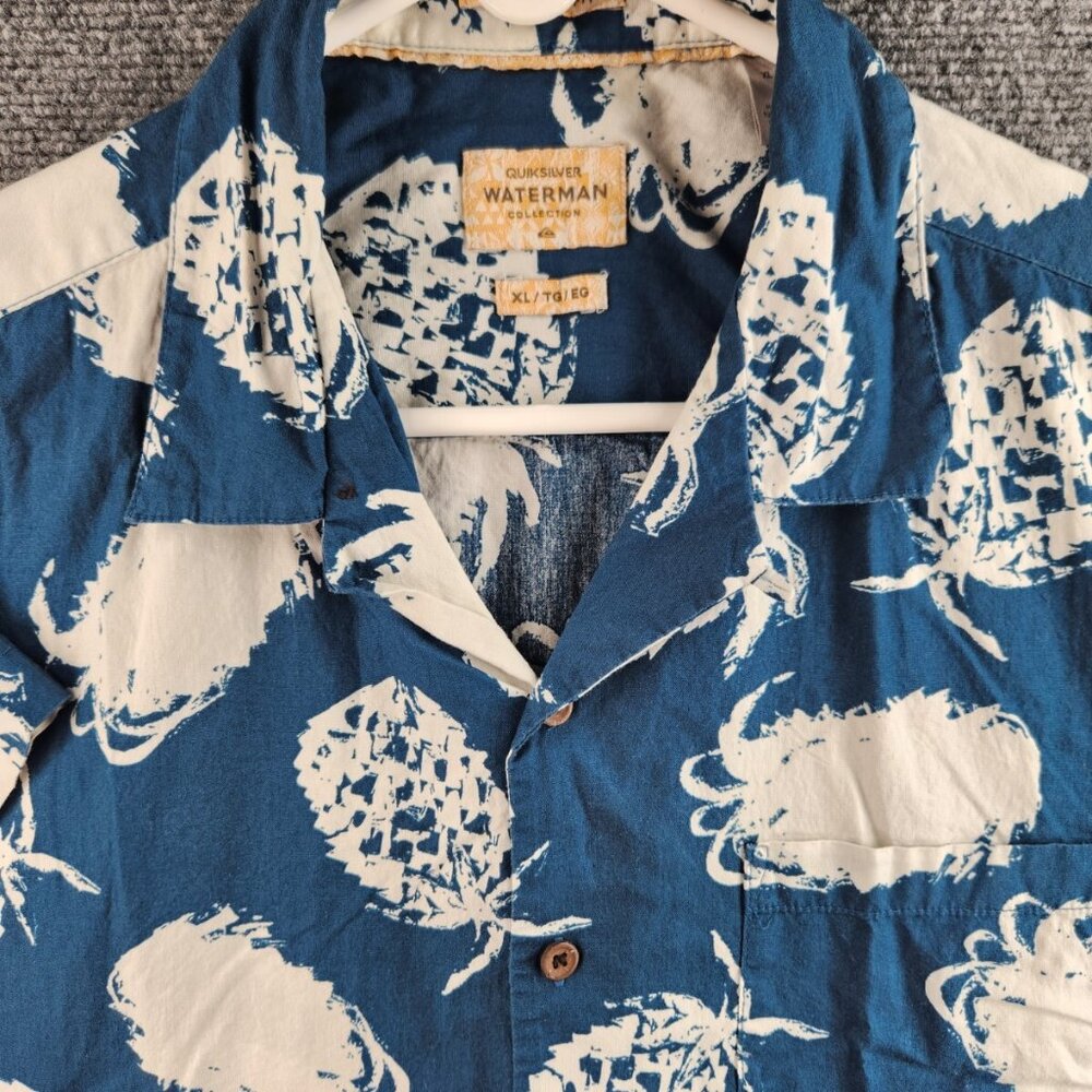 Quiksilver Waterman Button Up Short Sleeve Hawaii Pineapple Floral Blue XL Camp